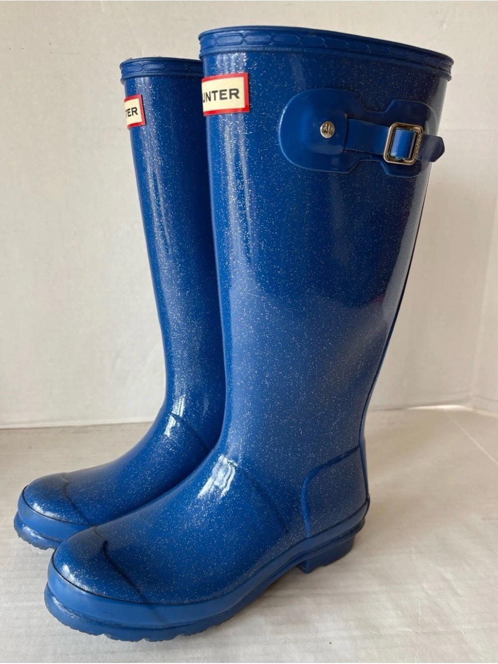 HUNTER Original Tall Gloss Glitter Blue Rain Boots- Girls US Size 5